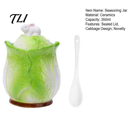 Ceramic Seasoning Container Cabbage Shaped Lard Jar with Lid Spoon, 350ml Kitchen Sealed Shape Spice Container, Multi Purpose Storage Pot for