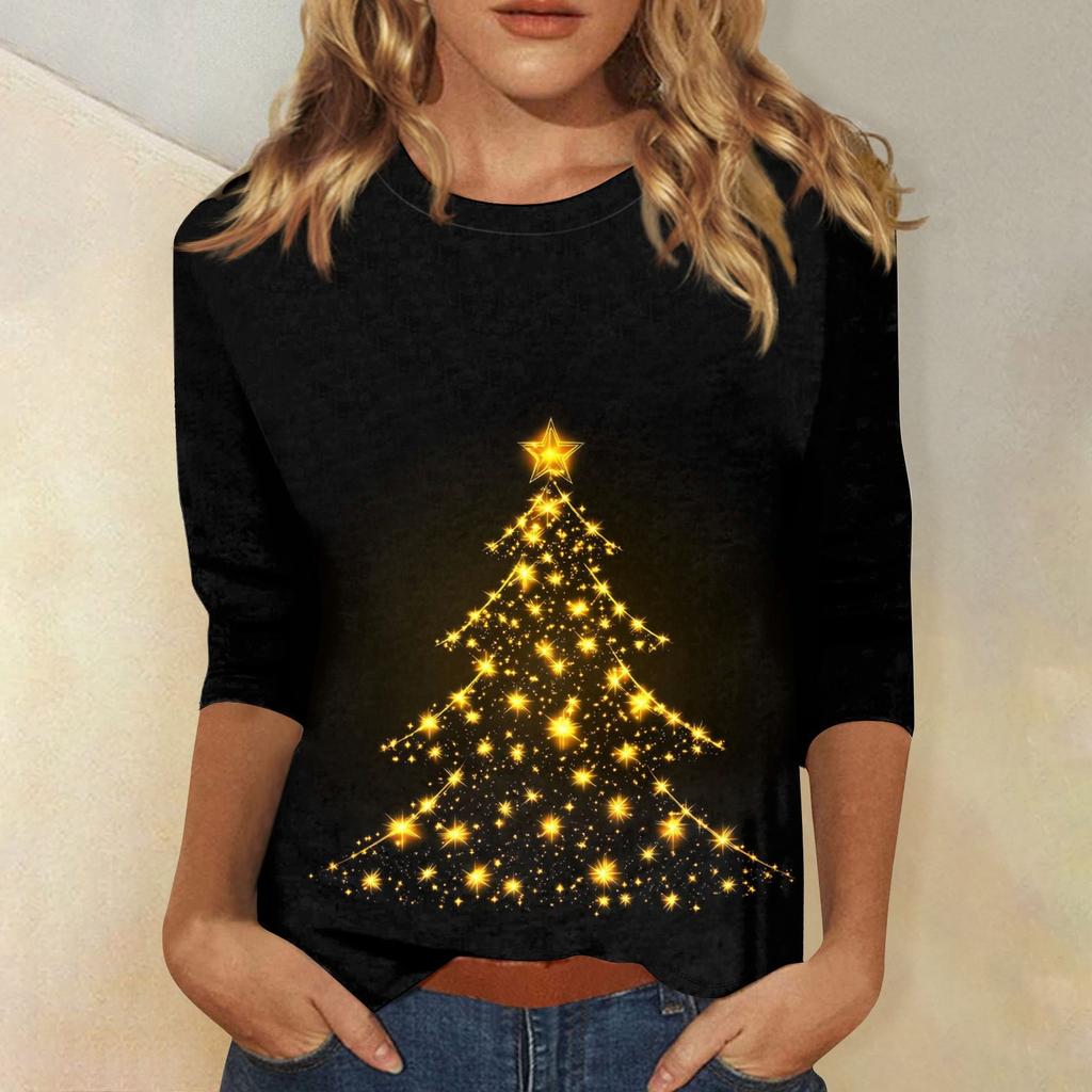 Women's O-Neck 3/4 Sleeve Christmas Print Top
