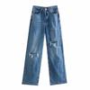 Za2025 Same Style European and American Women's Clothing Fall New Arrival Street Style Perforated Hole Decoration Wide Leg Long Denim