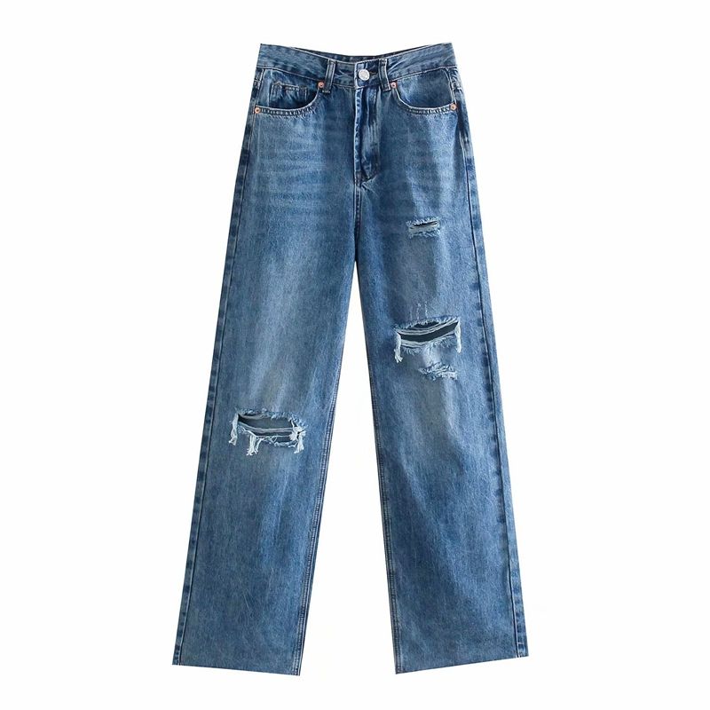 Za2025 Same Style European and American Women's Clothing Fall New Arrival Street Style Perforated Hole Decoration Wide Leg Long Denim
