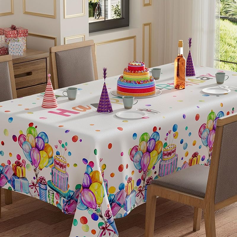XCHI Happy Birthday Cake Gifts Colorful Balloons White Tablecloth Rectangle Washable Table Covers for Indoor Outdoor Dining Table Home Party