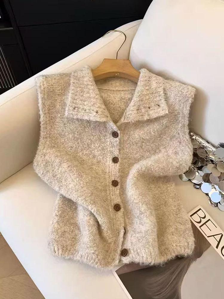 2026 Korean Style Stand Collar Fluffy Wool Vest - Autumn/Winter Sleeveless Loose Cardigan Sweater