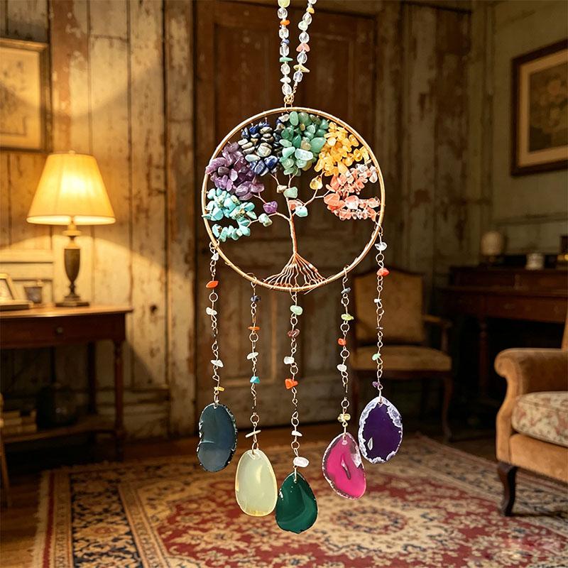 Natürlicher 7-Chakra Lebensbaum Edelstein Heilung Rohe Kristallsteine Wand Fenster Auto Hängendes Ornament für Yoga