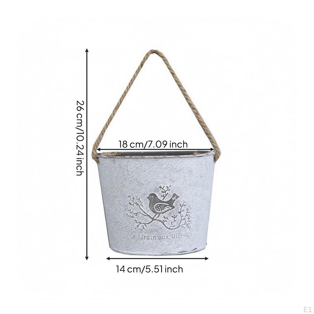 Hanging Flower Pot Distressed White Iron Bird Motif Metal Bucket Planter