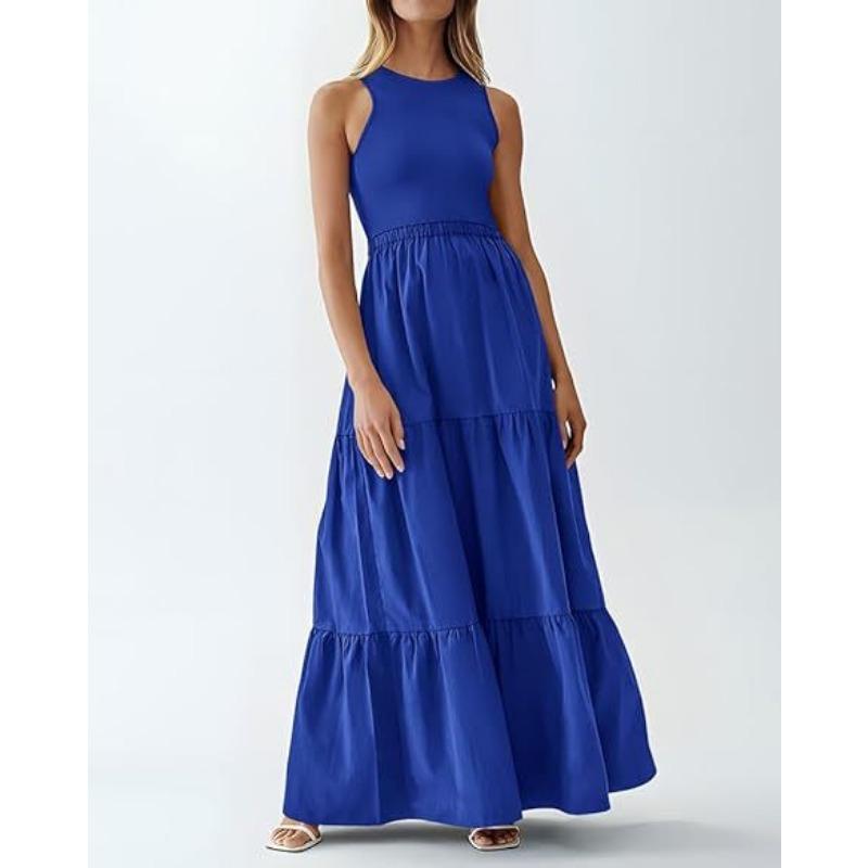 Summer Women's Dress Round Neck Patchwork Pit Stripe Sleeveless Vest Pocket Dresses