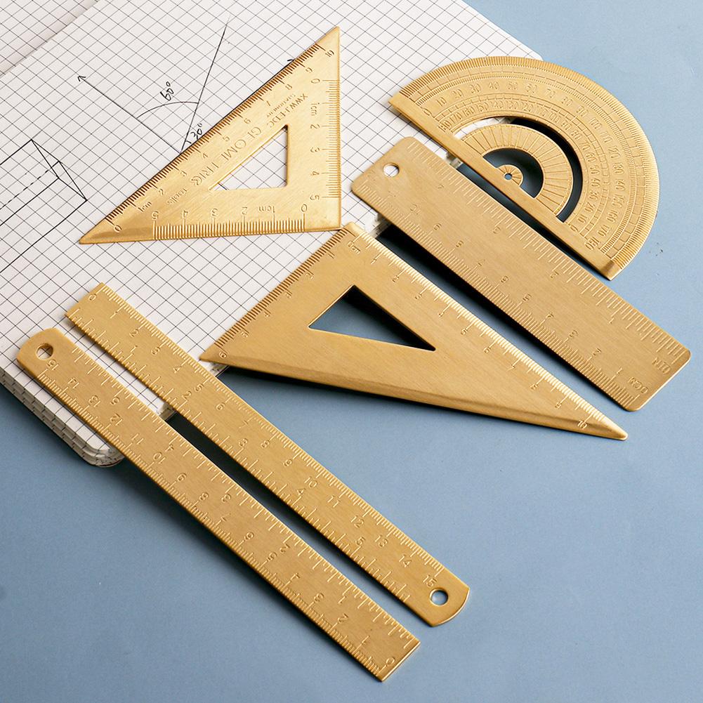 Vintage Brass Straight Ruler For Students Creative Metal Triangle Ruler Protractor Stationery Measuring Tool School Supplies New
