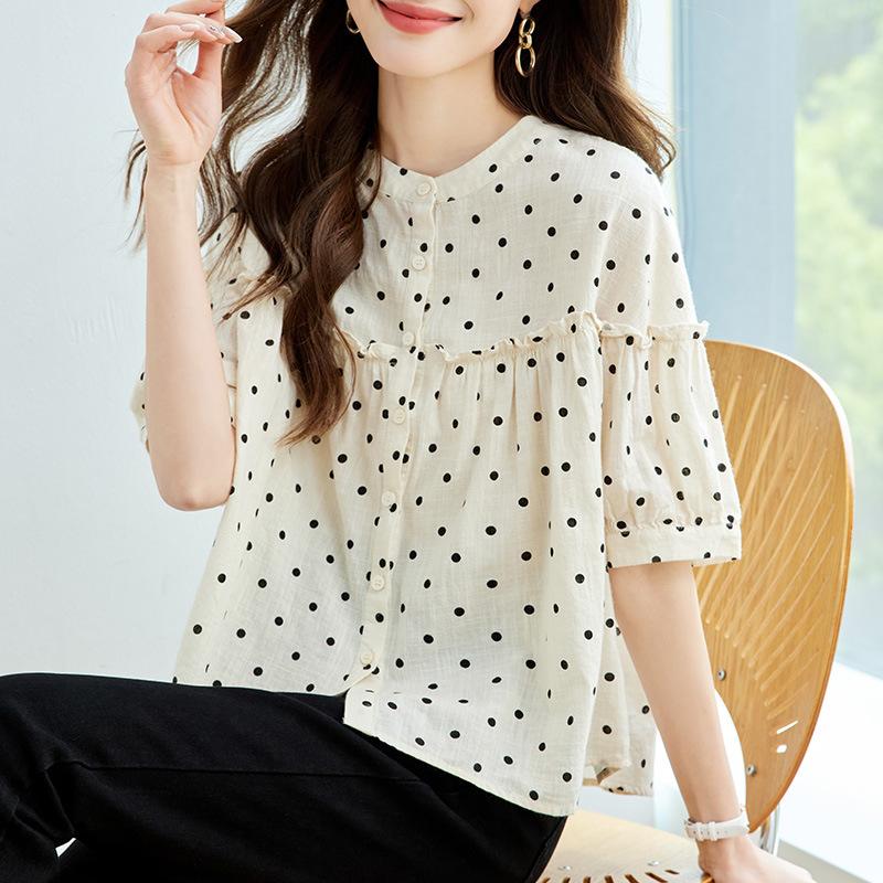 Updated Polka Dot Short-sleeved Top for Women In Summer Updated Puff Sleeve Round Neck Printed Top for Women