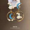 Silver Needle Dripping Oil Pearl Moon Rabbit Pendant Earrings Retro Court Temperament Earrings Light Luxury High-end Earrings