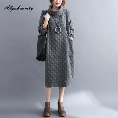 Koreaanse stijl herfst winter vrouwen oversized jurk coltrui grijs zwart marineblauw polka dot jurk casual losse lange mouw jurk met zakken