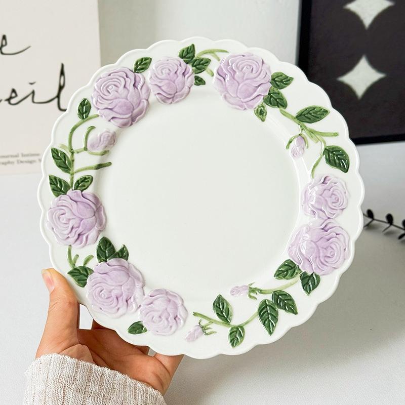 BRRose Flower Relief Dinner Plate Porcelain Dish 8 Inches Dessert Plate Restaurant Specialty Tableware Ceramic Disc Dinner PlatesEY