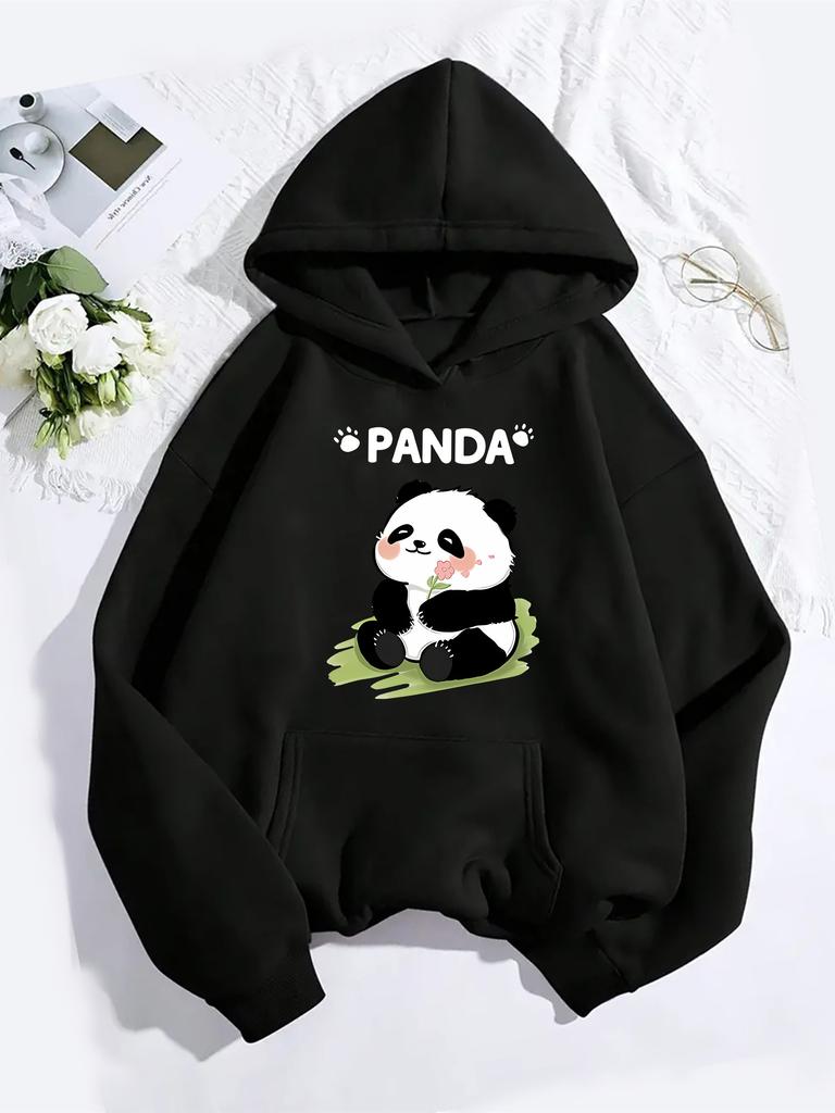 Cartoon Panda Print Autumn/Winter Women's Cute Hoodie Round Neck Long Sleeve Casual Women's Sweatshirt Clothing