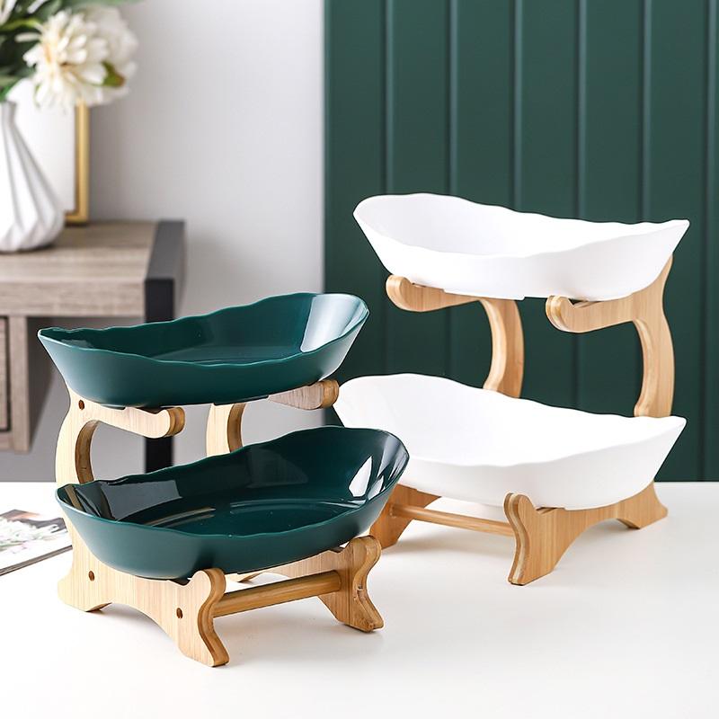 Nordic Creative Durable Plastic Fruit Plate With Wooden And Iron Stand Two Tier Three Tier Fruit Bowl For Living Room Modern Design