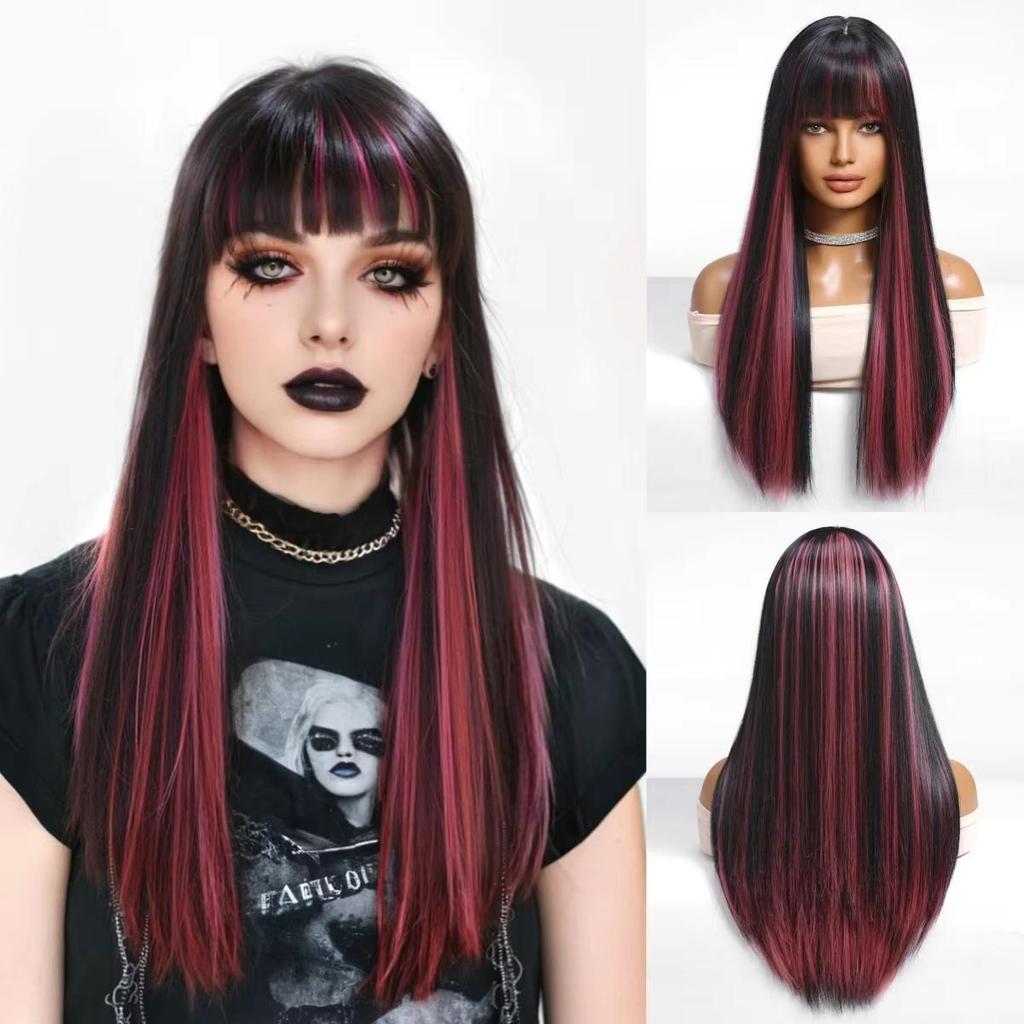 ALAN  EATON Brown Black Highlight Watermelon Red Synthetic Wig Long Straight Multicolor WIg with Bangs Hollywood Cosplay Wig For Women Party