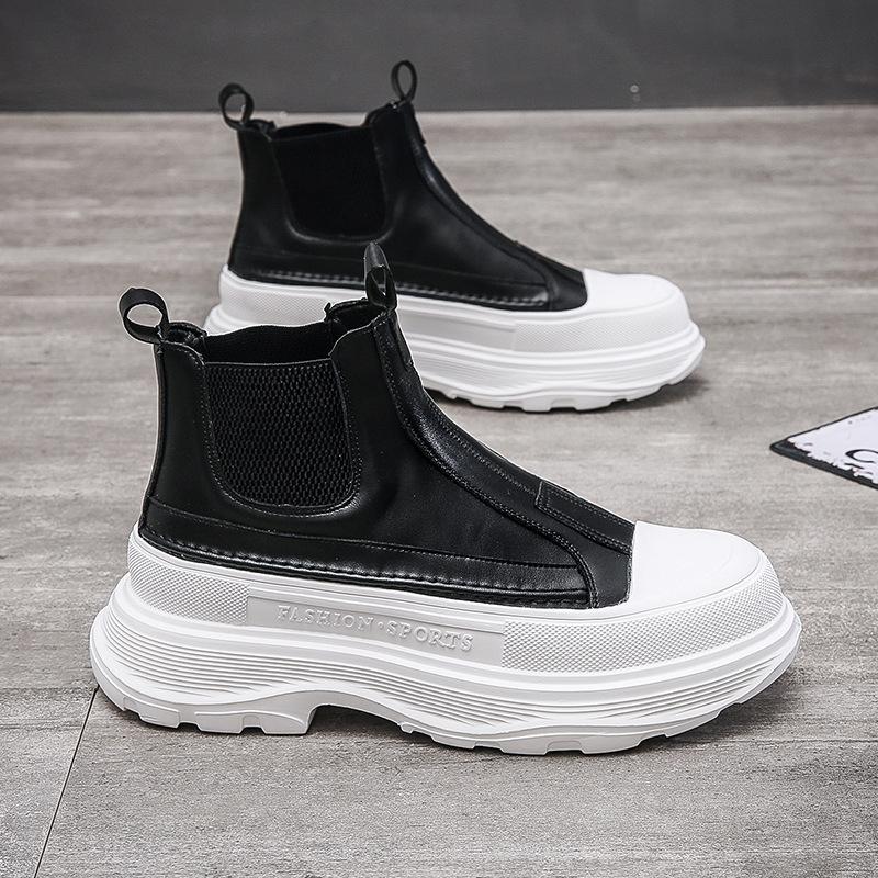 

Лучшие мужские модные кожаные ботинки, новые осенние легкие высокие сапоги на толстой подошве, модные повседневные белые туфли с высоким берцем, ботинки челси 43 чёрный