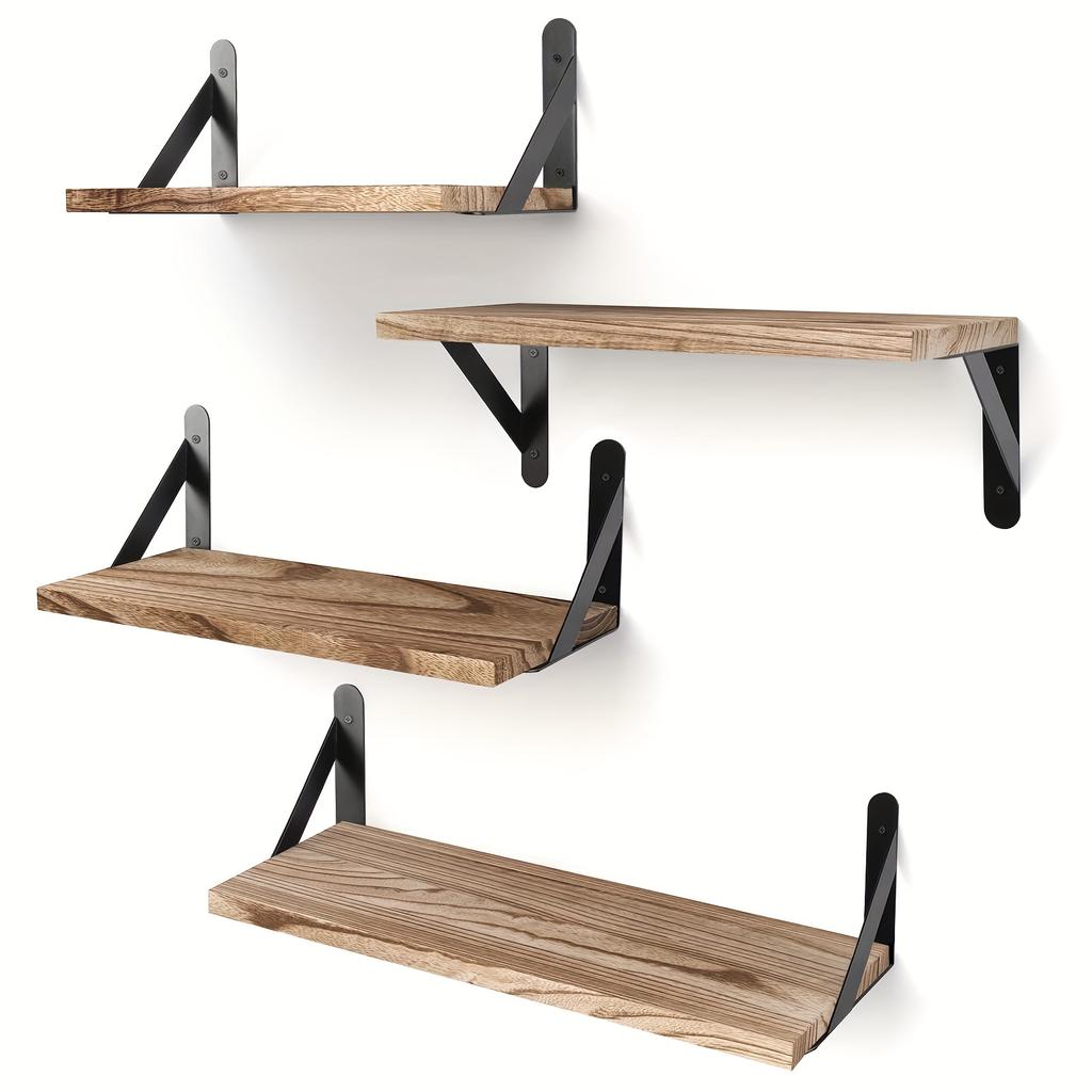 4 Pcs Carbonized Black Floating Shelves, Rustic Wood Shelves, Wall Mounted Shelf for Bathroom Decor, Bedroom, Living Room, Plants, kitchen,bathroom