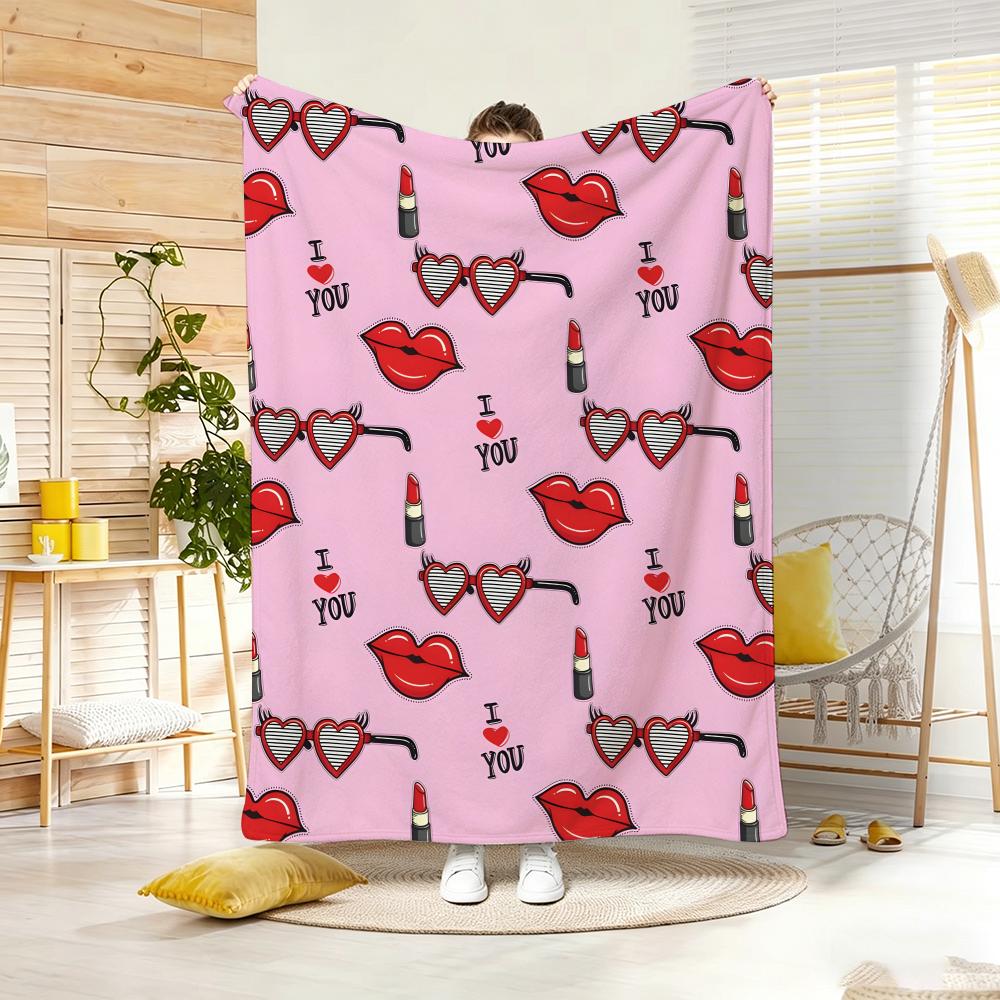 Artistic Pattern R-Retro Red Lips Sunglasses Throw Lightweight 240g Flannel Blanket Soft Skin-friendly for Summer Cooling