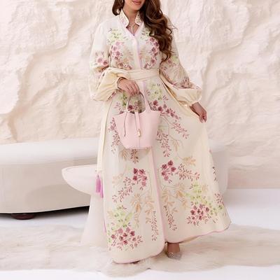 Spring New Women's Clothing, European and American Dresses, Printed Lantern Sleeves, Waist Strap, Fringed Long Dress