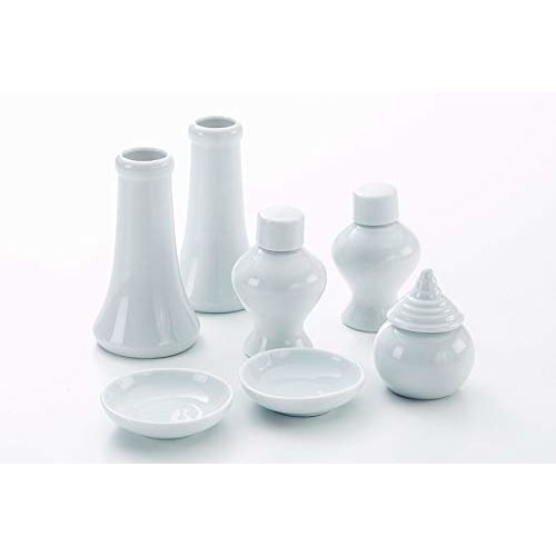 This Simple and Beautiful 7-piece White Ceramic Offering Set from Kamidana No Sato Includes Everything You Need for Offerings. Includes Small and Stan