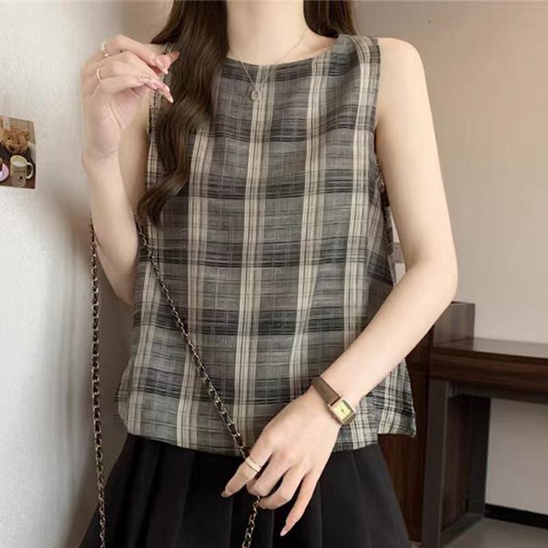 ZANZEA Women Summer Round Neck Sleeveless Grid Print Tank Tops