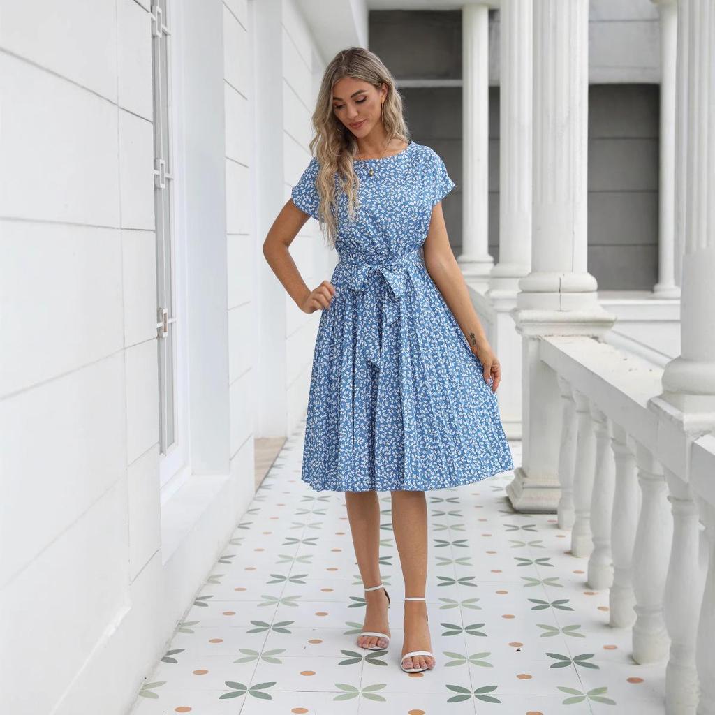 2025 European & American Summer Floral Lace Dress - Casual Short-Sleeved Pleated Skirt
