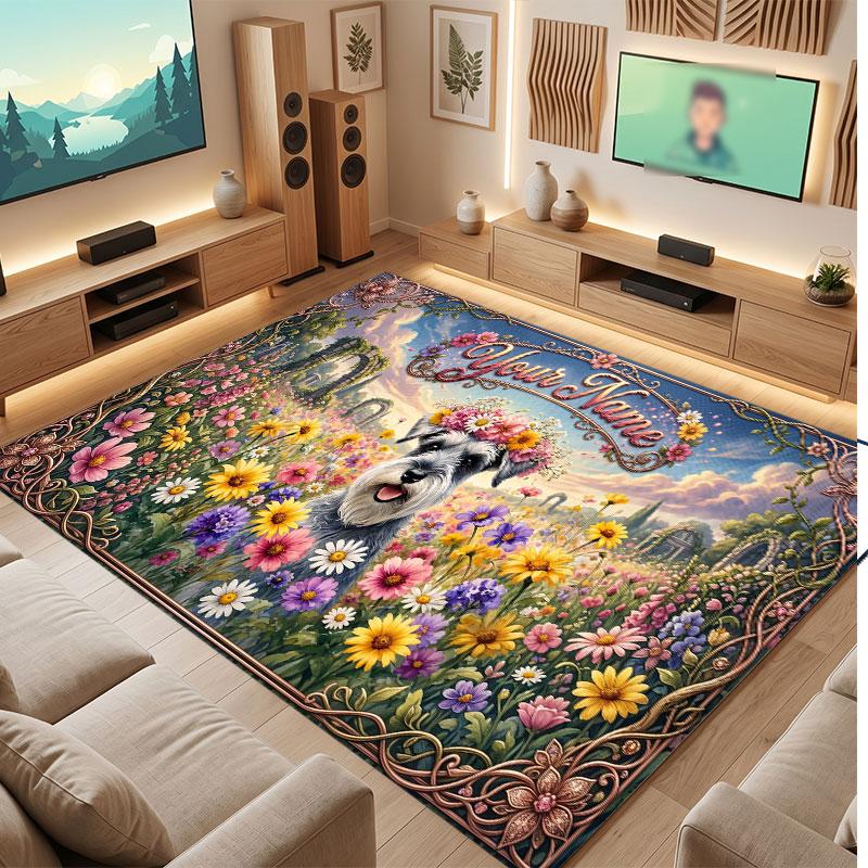 Floral Garden Theme Crystal Velvet Floor Rug Personalized Custom Name Text Warm Carpet Home Decoration