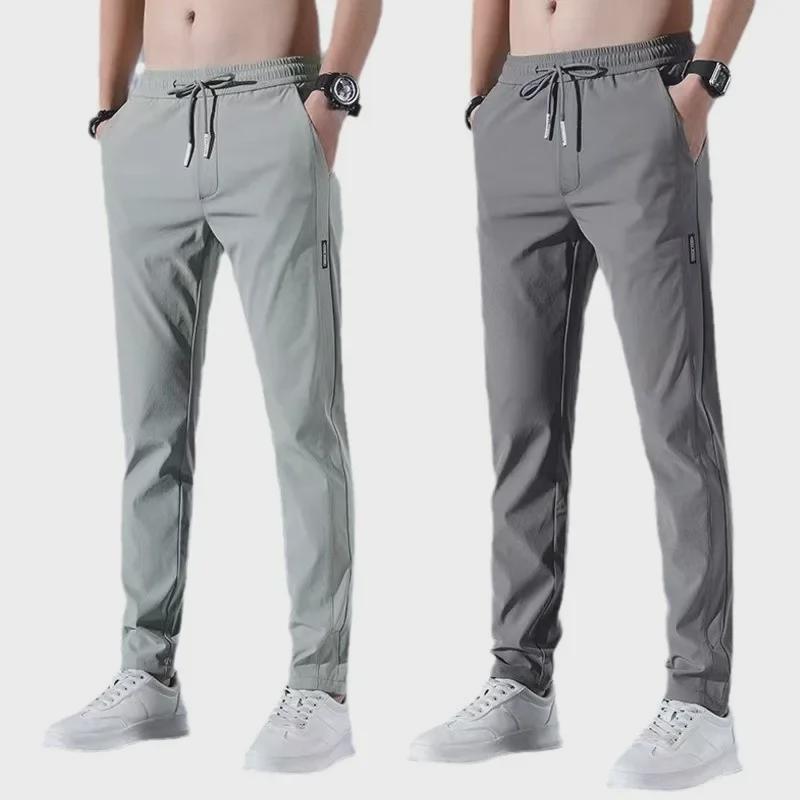 Men's Summer Ice Silk Black Label Business Casual Breathable Elastic Straight Sports Pants