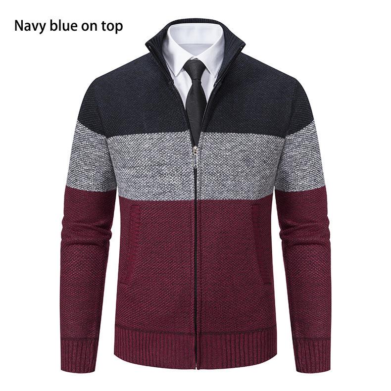 Men's Color Block Velvet-Lined Knit Cardigan with Stand Collar for Fall/Winter