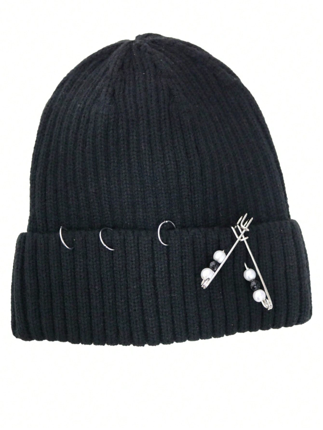 Men S And Women S Universal Polyester Lined Thick Knitted Hat Autumn&Winter Detachable Metal Pin Pearl Decorative Brimless Hood