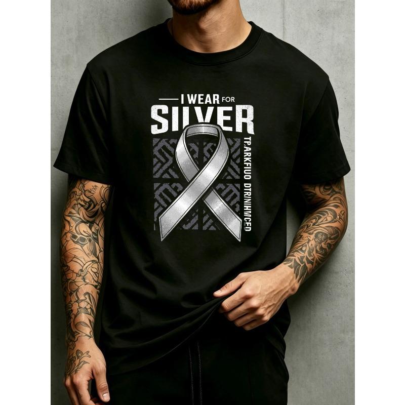 

European sizes Silver Ribbon Awareness Men S Crewneck T-Shirt Loose Fit Fashion Versatile Soft Comfortable Fabric Suitable For Daily Wear 4XL чорний