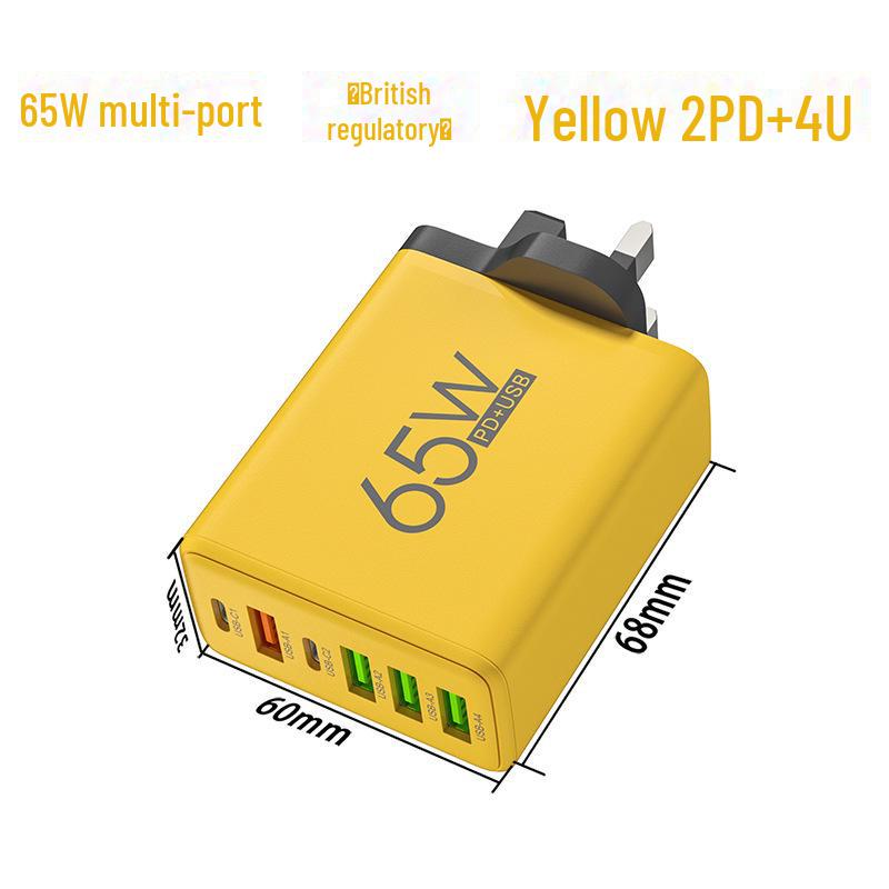 65W Fast Charging Charger 2PD + 4USB Multi-port for Huawei & Apple, EU/US/UK Standards