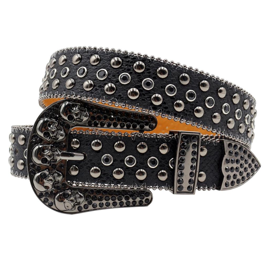 Women's European & American Rhinestone Skull Snake Skin Leather Belt - Extended Denim Style