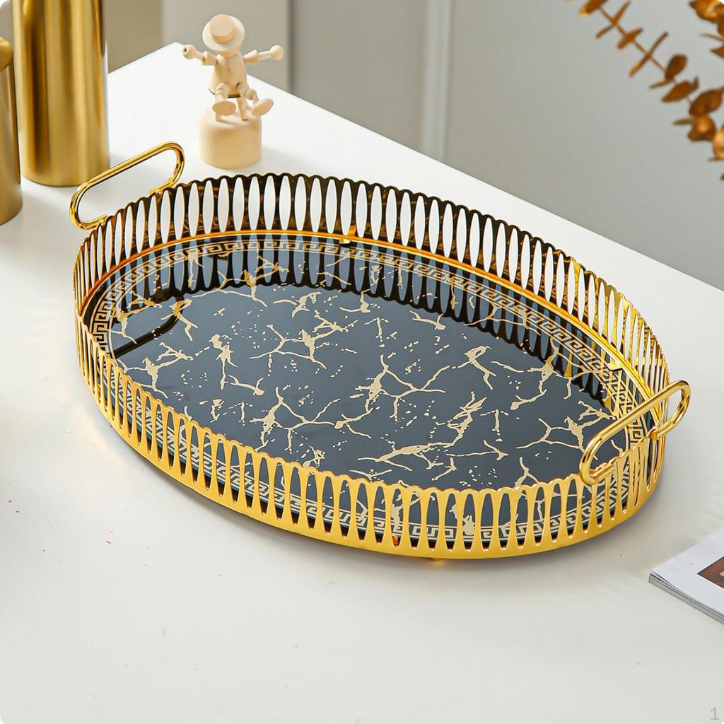 Oval Serving Tray Light Luxury Decorative Metal with Handles Versatile Marble Pattern Platter