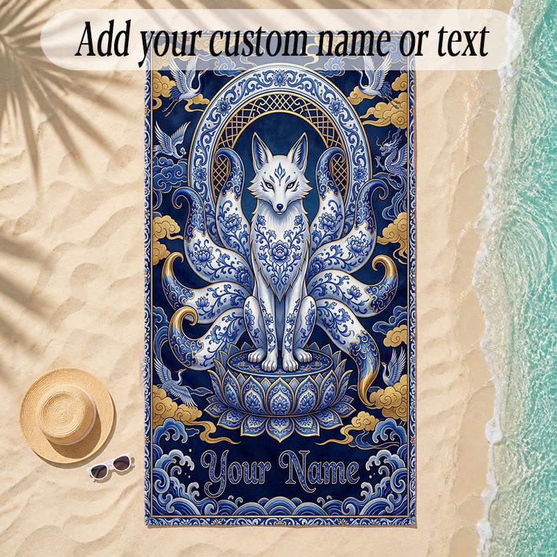 Fox Theme Soft Beach Towel Personalized Custom Name Text Towel Portable for Beach Pool Travel
