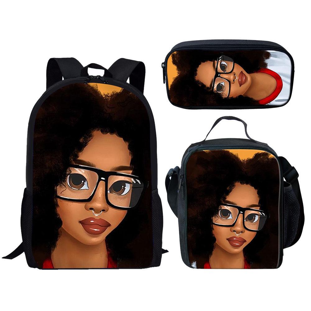 Classic Popular Novelty Cute African girl 3D Print 3pcs/Set pupil School Bags Laptop Daypack Backpack Lunch bag Pencil Case