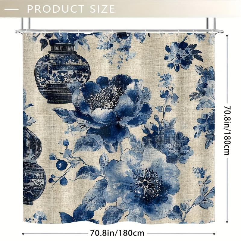 1 Stück Orientalischer Blauer Blumiger Boho-Duschvorhang, Eklektische Blumenmuster, Tiefblau & Beige, Ideal für Badezimmer-/Badewannen-/Fensterdekoration
