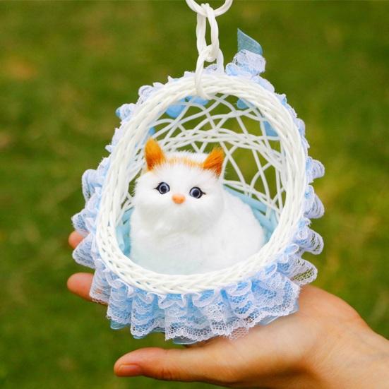 Cat In Flower Basket Model High Fidelity Fuzzy Kitty Shirring Lace Decor Battery-operated Soft Touch Plush Squeaking Feature Toy Figurine Holiday