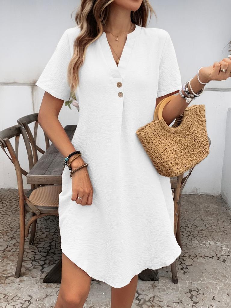 Popular European and American v-neck solid color elegant short-sleeved dress, spring and summer women's clothing