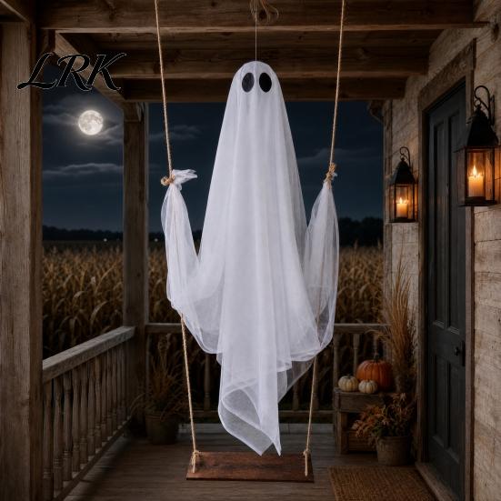 Glowing Ghost Ornament Halloween Decoration, Large Hanging Swing with LED String Lights, Multi-color Battery Powered Figure for Outdoor Indoor