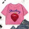 Fresh Red Strawberries Fruit Print Washed Slim T-Shirt Women Casual Crewneck T Shirt Summer Clothes Cotton Top