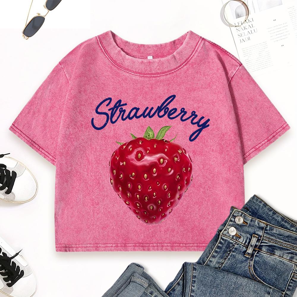 Fresh Red Strawberries Fruit Print Washed Slim T-Shirt Women Casual Crewneck T Shirt Summer Clothes Cotton Top