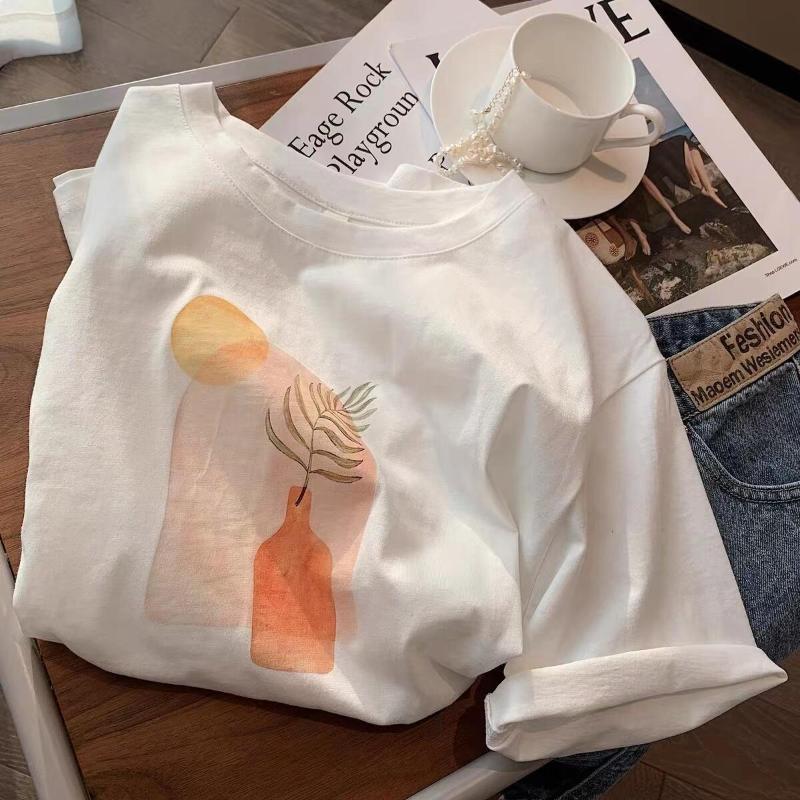 Women's Minimalist Vase Plant Print Short Sleeve T-Shirt Cream Loose Casual Cotton Tee