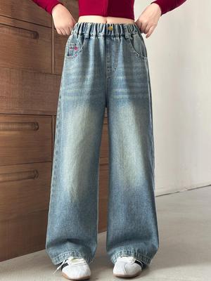 Girls' Stylish Wide-Leg Jeans: Versatile Autumn/Spring Wear for Middle & Big Kids, 2025 Design
