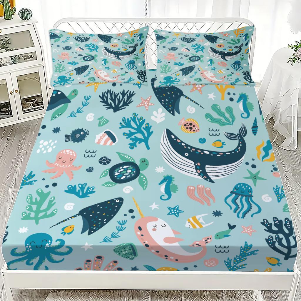 3pcs Playful Fitted Sheet Set Cute Animals Cartoon Style Ocean Creatures And Sea Plants Printed Bed Sheet With 2 Pillowcases