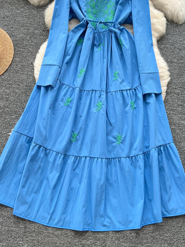 Women Spring Autumn Dress Retro Embroidered V-neck Strap Waist French Elegant Long Sleeve Grand Swing Long Dress
