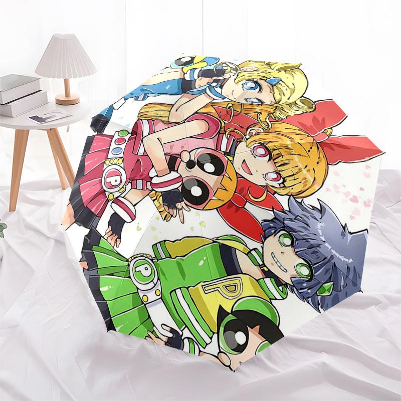 1pc Powerpuff Girls Automatic Opening/Closing Outdoor Umbrella with Portable Tri-Fold Design, 8-Rib Iron Frame Outdoor for Fans, Travelers, Daily