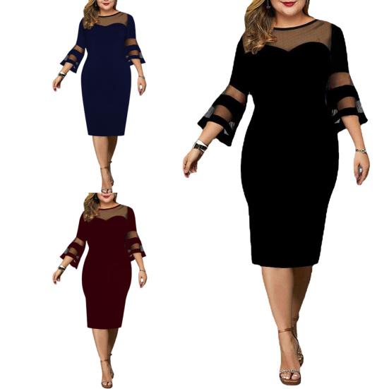 Women Dress Flare Sleeve Plus Size Autumn Winter Pure Color Slim Midi Dress for Wedding