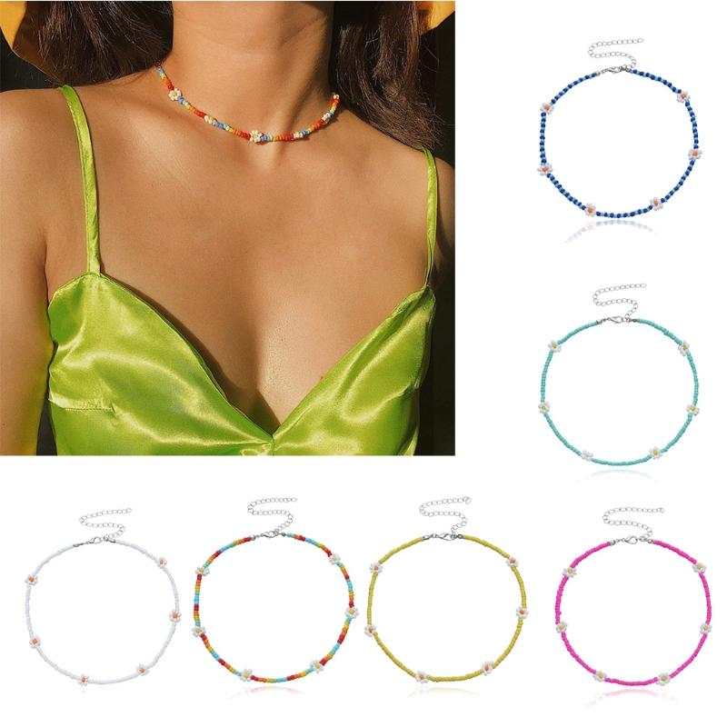 Colorful  Beaded Daisy Flower Choker Necklace Ajdustable Chain Clavicle for Women Girls Cute Handmade Boho Jewelry