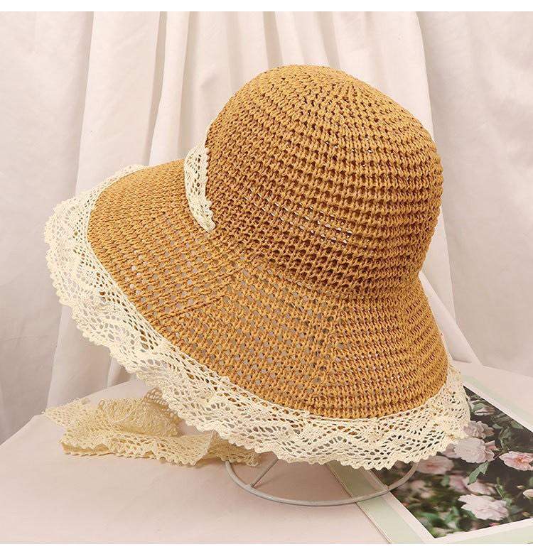 Straw Hat Women's New Small Fresh Lace Straw Hat Summer Travel Sun Protection Hat Big Brim Beach Sun Hat