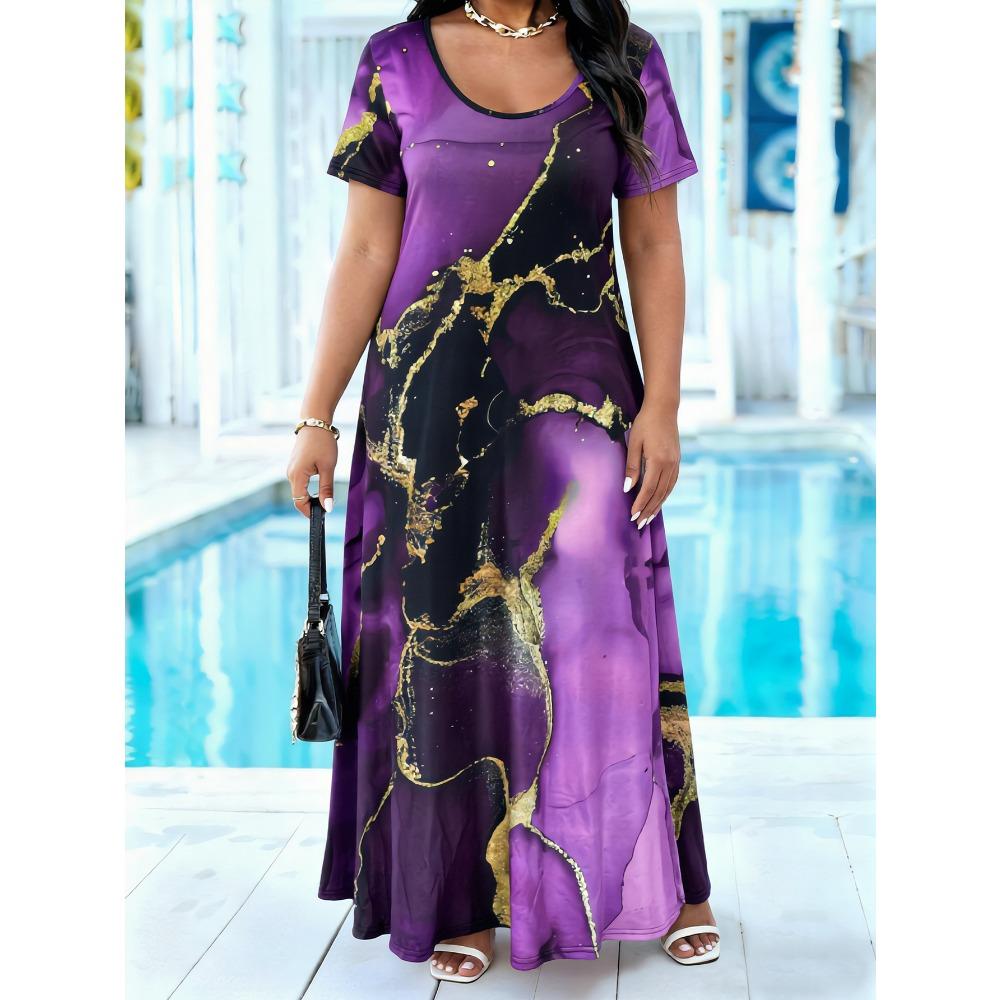 Plus Size Floral Print Short Sleeve Maxi Dress, Round Neck Loose Casual Sundress With Side Pockets,Beach Vacation Long Dress