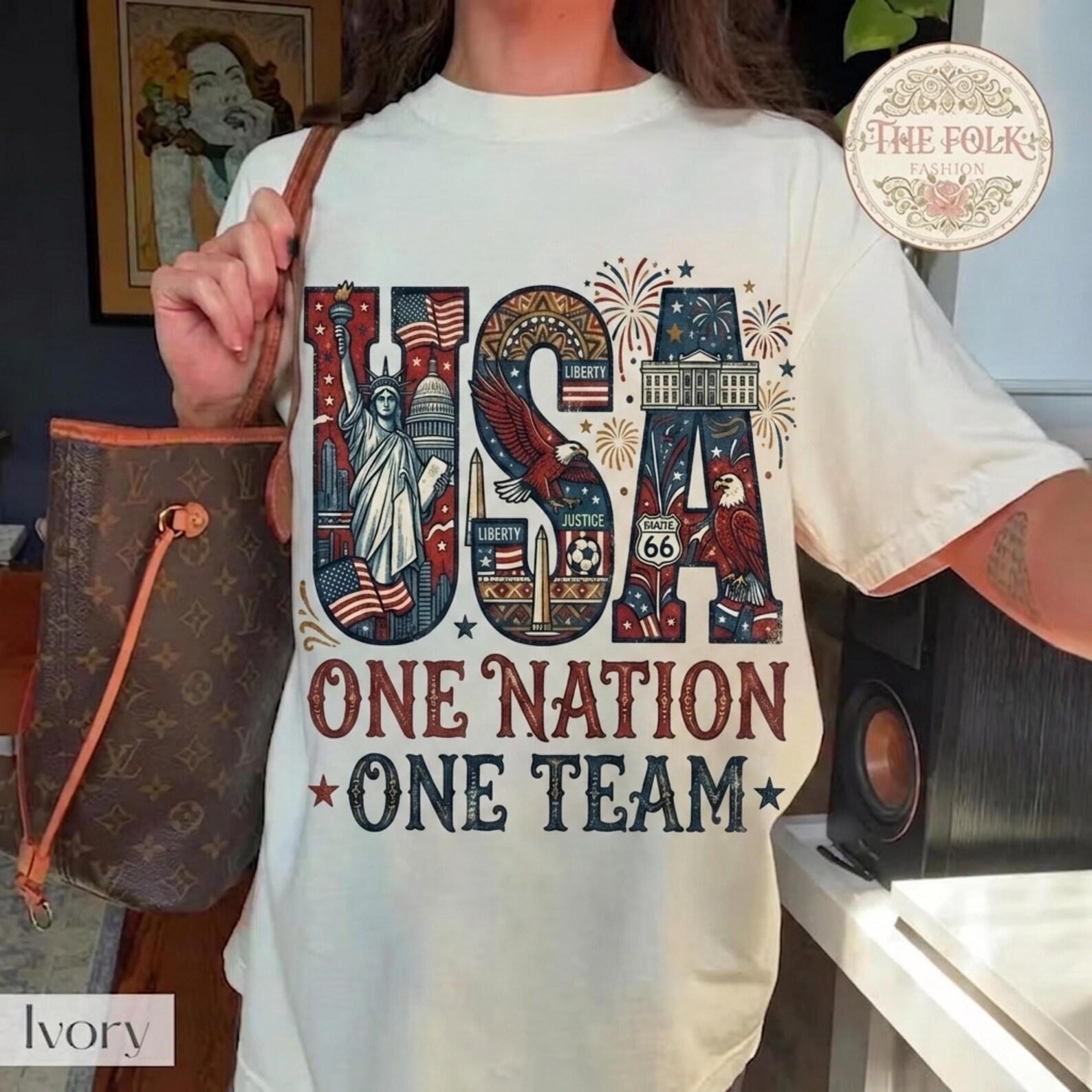 USA One Nation One Team Shirt, Patriotic American T-shirt, 4th of July Soccer Tee, United States Pride Shirt, Vintage USA Flag Graphic Tee L